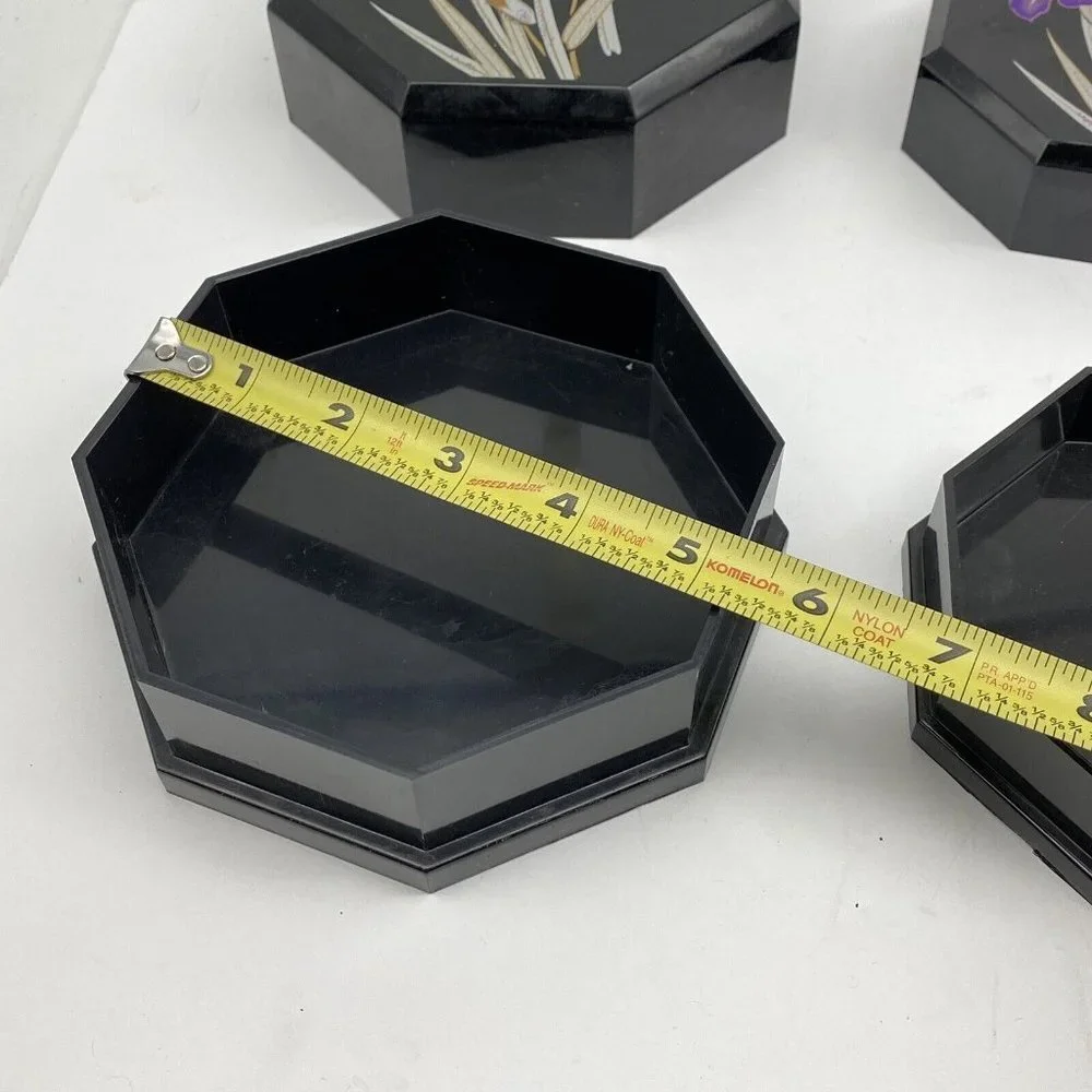VTG Yamanaka Japan Lacquerware Nesting Boxes‎ Black Floral Trinket 2pc 70s *flaw